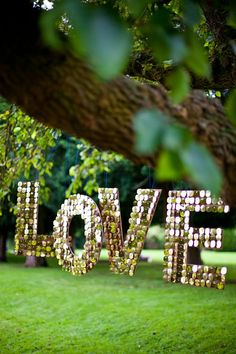 the word love spelled out in gold letters on green grass with trees and bushes behind it