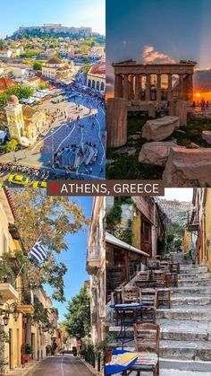 the collage of photos shows different places in greece and other parts of the world