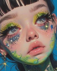 a painting of a girl with bright makeup and stars on her face, looking at the camera