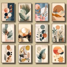 a set of nine art prints with different shapes and sizes, each featuring an abstract plant