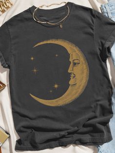 Boho Long Sleeve Shirt, Bleach Painting, Boho Moon, Yoga Shirt, Light Blue Shirts, Boho Shirts, Moon Print, Salzburg, Dark Fashion