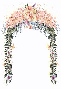 a floral arch with pink flowers and greenery on the sides, painted in watercolor