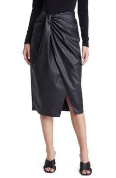 Open Edit Wrap Front Faux Leather Skirt | Nordstromrack Dresses With Cowgirl Boots, Fall Trends 2023, Quilted Leather Skirt, Flowy Chiffon Dress, Faux Leather Midi Skirt, Style Rut, Flowy Summer Dresses, Coat Trends, Leather Midi Skirt