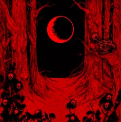 an image of a red moon in the middle of a forest filled with dead trees