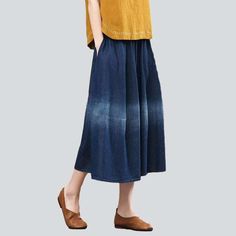 Take your urban trend to the next level with this 2023 Autumn Collection Dark-Wash. Fit-and-Flare. High-Waisted Contrast Band Lengthy Denim Skirt! Crafted with a rubber closure for a snug fit. this piece brings together conventional style and trendy fashion. making it a must-have for any fashion-forward wardrobe.Why You'll Fall in Love Street Style: Combine traditional and fashion vogue effortlessly with this denim skirt. perfect for any street style enthusiast. Dark Wash: The dark wash finish a Spring Mid-rise Washed Denim Skirt, Spring Flare Denim Blue Skirt, Denim Blue Flare Skirt For Spring, Spring Denim Blue Flare Skirt, Trendy Flare Skirt For Spring, Spring Flared Cotton Skirt, High Waist Cotton Denim Skirt For Fall, Non-stretch Mid-rise Denim Skirt For Spring, High Rise Bottoms With Unfinished Hem For Spring