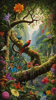 a painting of birds sitting on a tree branch in the middle of a forest filled with flowers