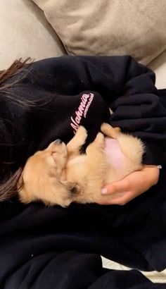 a woman is holding a small dog in her lap while she sleeps on the couch