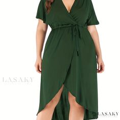 Lasaky - Premium Plus Size Womens Casual Wrap Dress: Solid Short Sleeve V Neck, Irregular Hem, and Medium Stretch Green High Low Dress, Casual Wrap Dress, Plus Size Fall Outfit, Plus Size Fall, Love Free, Irregular Hem, Plus Size Clothing For Women, Necklines For Dresses, Curve Dresses