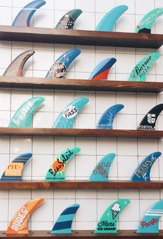 several surfboards are displayed on the wall