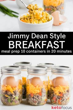 Meal prep jars filled with breakfast. Freezer Friendly Breakfast Bowls, Premade Breakfast Bowls, Meal Prep Breakfast And Lunch, Healthy Filling Breakfast Meal Prep, Quick Grab And Go Breakfast Healthy, No Egg Breakfast Meal Prep, Mason Jar Omelet Microwave, Breakfast Batch Cooking, Breakfast Weekly Meal Prep