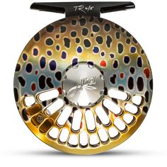 the fly fishing reel is designed to look like it has many different colors and sizes