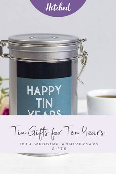 happy tin years tea gift for ten years 10th wedding anniversary gifts with text overlay