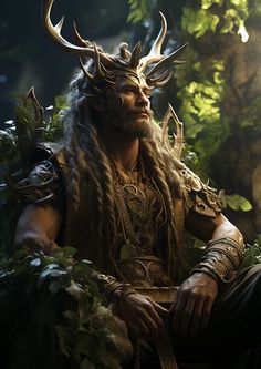 a man with long hair and horns sitting in front of some plants, wearing a horned headdress