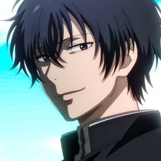 an anime character with black hair and blue eyes looks at the camera while he stares into the distance