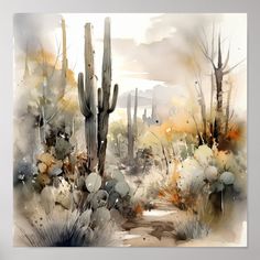 watercolor painting of desert scene with cactus and cacti