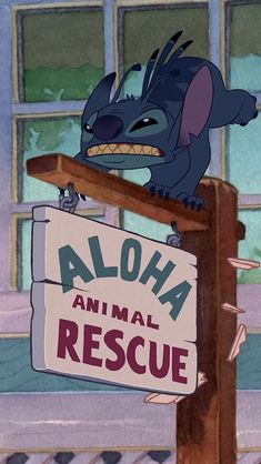 an animated sign that says aloha animal rescue with a cartoon character on it