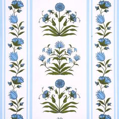 a blue and white striped wallpaper with flowers on the side, in various stages of being painted