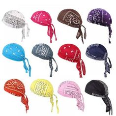 many different types of bandanna hats for women and men, all in various colors