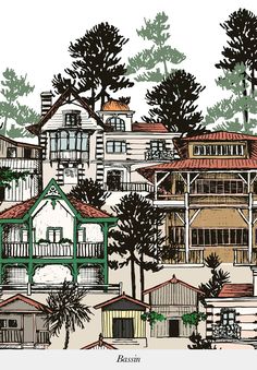 a drawing of houses with trees in the background