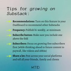 a blue and green background with text that says tips for growing on substack