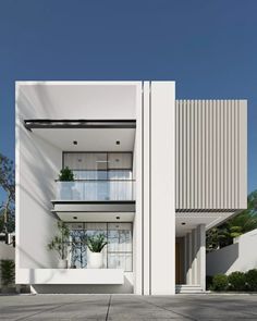 a white building with balconies and plants on the balconys is featured in this rendering