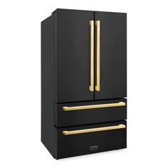 a black refrigerator freezer with gold handles and two drawers on the bottom, against a white background