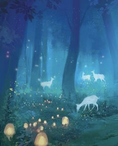 a painting of deer in the woods surrounded by lanterns and trees with lights on them