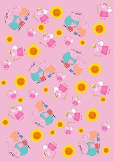 peppa pig wallpaper in pink with sunflowers and other things on it