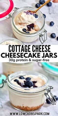 two jars filled with cheesecake and blueberries on top of a white countertop