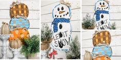 four pictures of snowmen with hats and scarfs