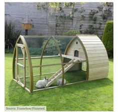 an outdoor chicken coop with two rabbits in it and a yellow ring around the top