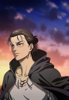 an anime character standing in front of the sun with his eyes closed and hair pulled back