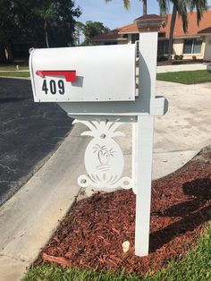 a white mailbox sitting on the side of a road next to a palm tree