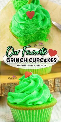 two cupcakes with green frosting and hearts on top are shown in front of the