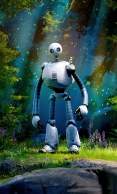 a robot standing on top of a lush green field next to a forest filled with lots of trees