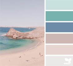 there is a beach with people on it and the colors are blue, green, gray, and white