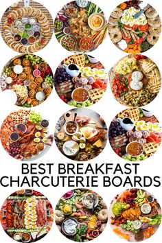 the best breakfast and charcuterie boards are in this round - shaped collage