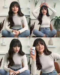 four pictures of a woman sitting on the floor with her hands in her hair and holding a bottle