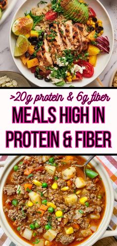 two plates of food with text overlay that reads 20 healthy and gluffer meals high in protein & fiber