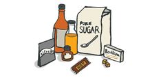 an image of some food and drinks on a white background with the words pure sugar written in black