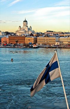 a flag is flying in front of the water with buildings in the backgroud