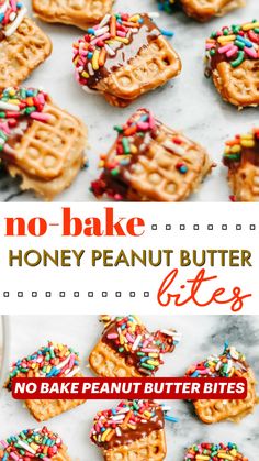 no bake peanut butter bites with sprinkles on top and the words, no bake peanut butter bites