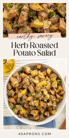 the recipe for herb roasted potato salad in a white bowl