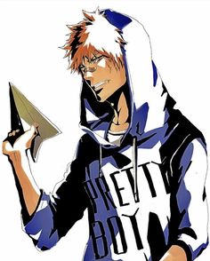 an anime character holding a paper airplane in his right hand and wearing a hoodie