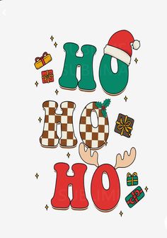 the word oh oh is decorated with christmas decorations and gifts in green, red, and white