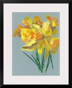 a painting of yellow flowers on a blue background