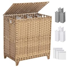 a wicker storage box with handles and doors