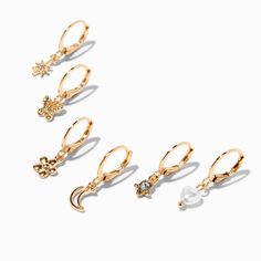 Claire's Gold Embellished Mixed One Huggie Hoop Earrings - 6 Pack Moon Cutout, Sensitive Ears Earrings, Earring Stack, Starburst Design, Word Bracelet, Jewelry Words, Fashionable Jewelry, Six Pack, Custom Earrings