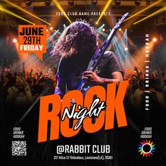 an event poster for rock night at rabbit club, with the band playing on stage