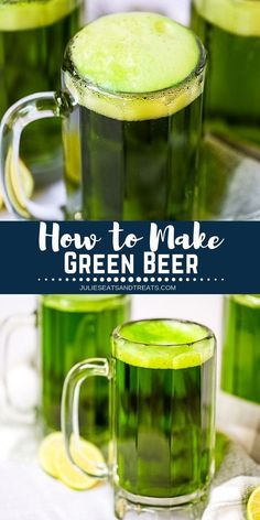 two mugs filled with green beer on top of a white tablecloth and surrounded by lemon slices